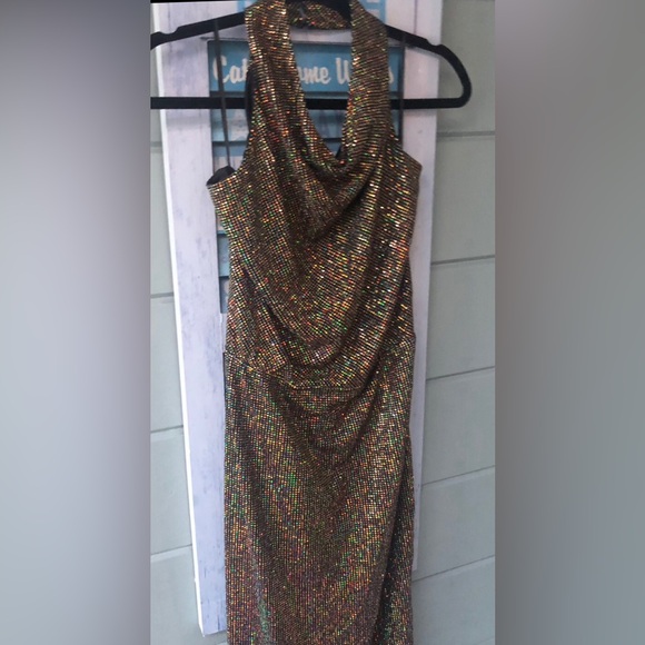 VICI Disco Fever shimmer long dress w/ slit & draped halter cowl neckline. NEW L - Picture 12 of 12